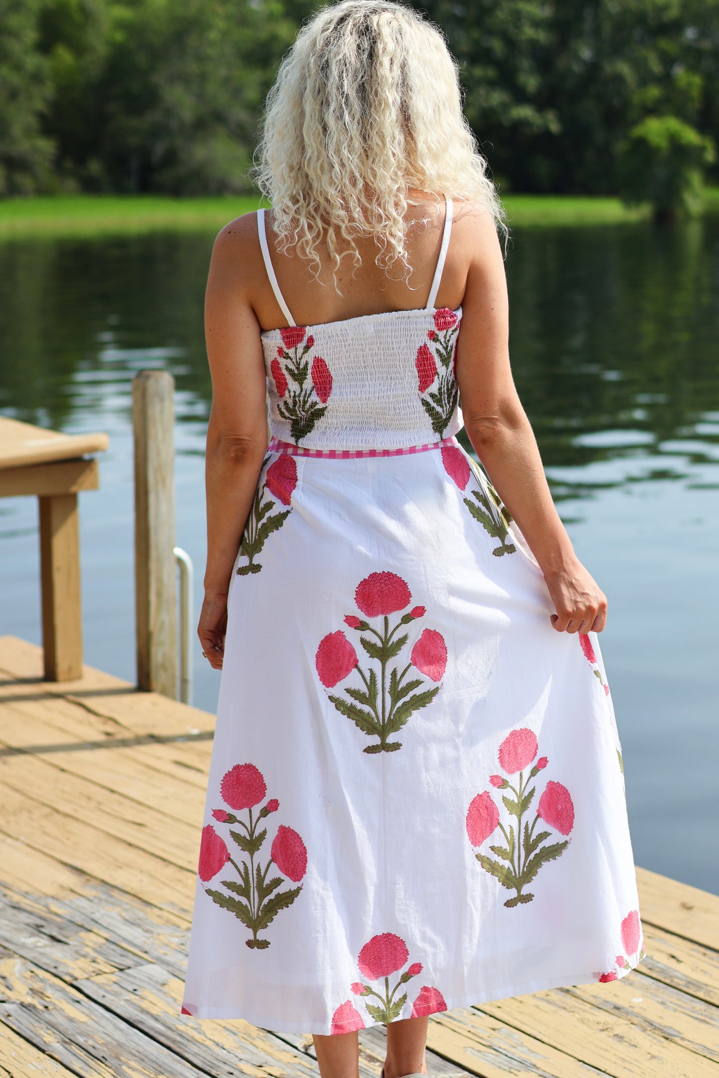Pink Gingham Floral Maxi Skirt Set