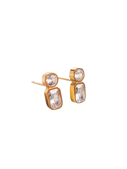 Gold geometric earrings with clear crystals, elegant design suitable for formal or casual wear.