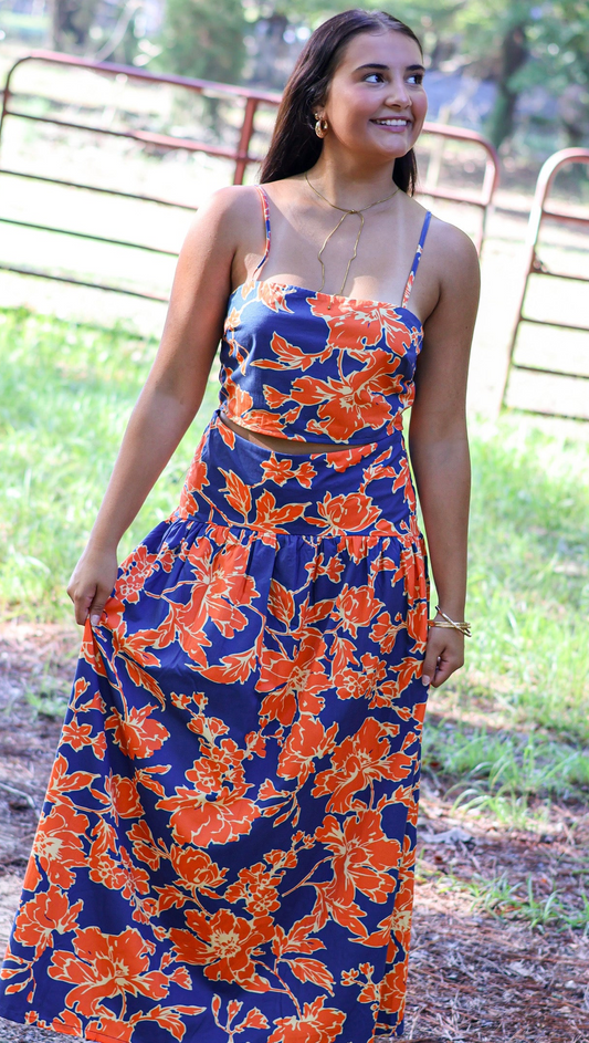 Aubree Orange and Navy Top and Skirt Set