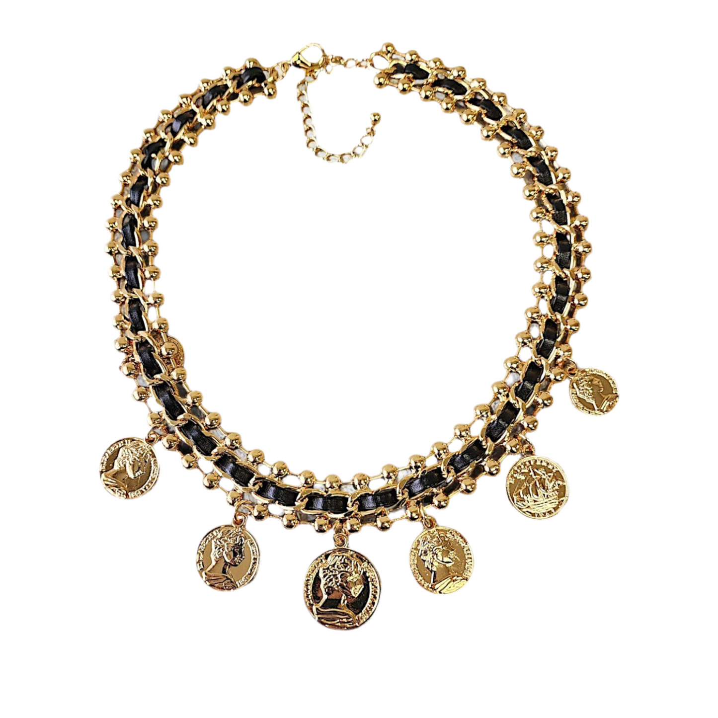 Gold and black beaded necklace with coin charms on a white background