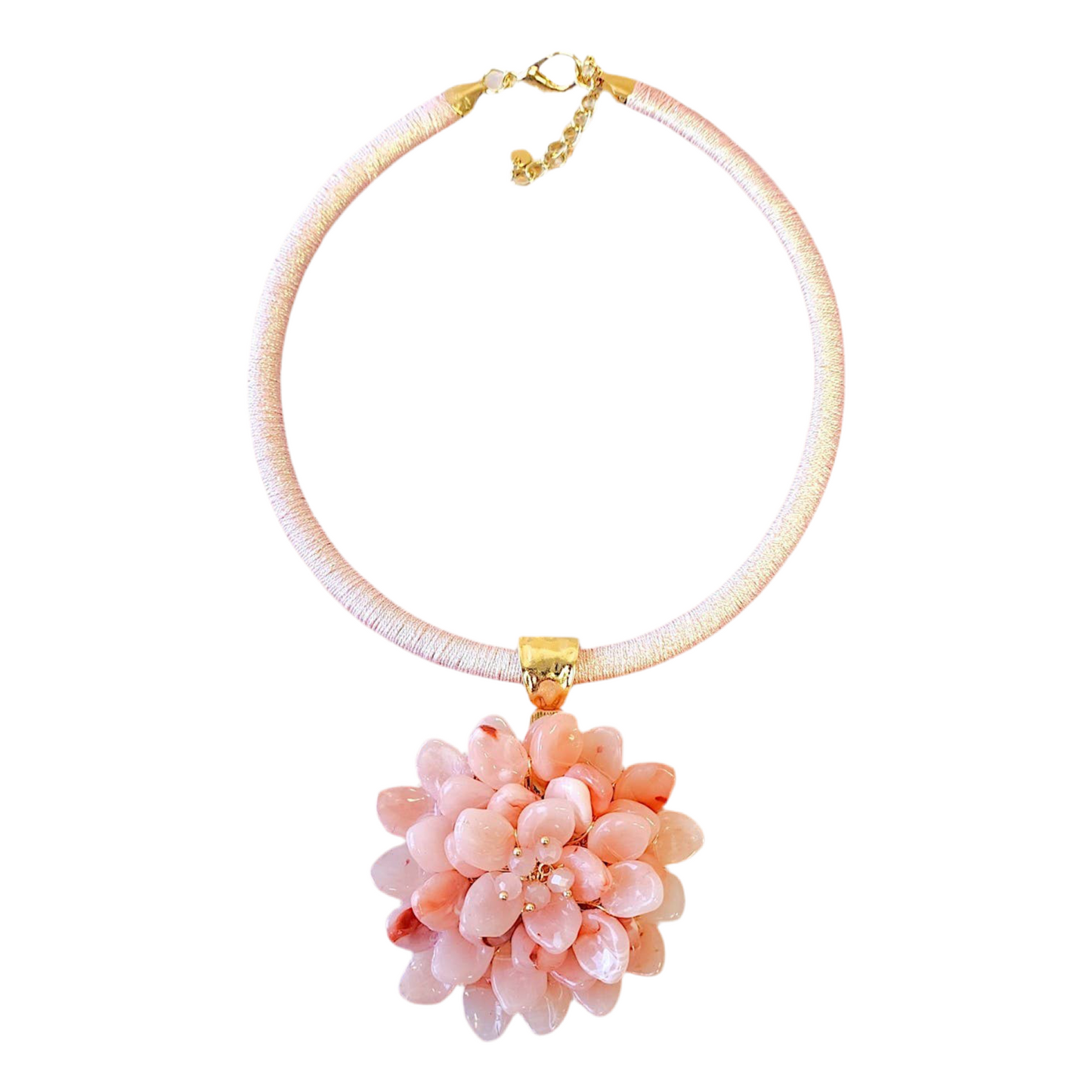 Pink flower pendant necklace with gold accents and soft fabric chain, perfect for any occasion.