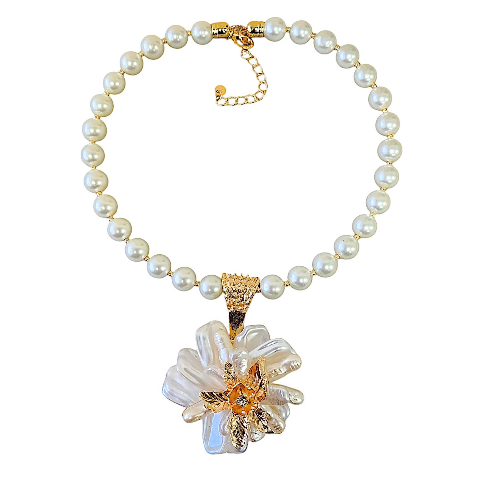 Pearl necklace with a floral pendant on a white background