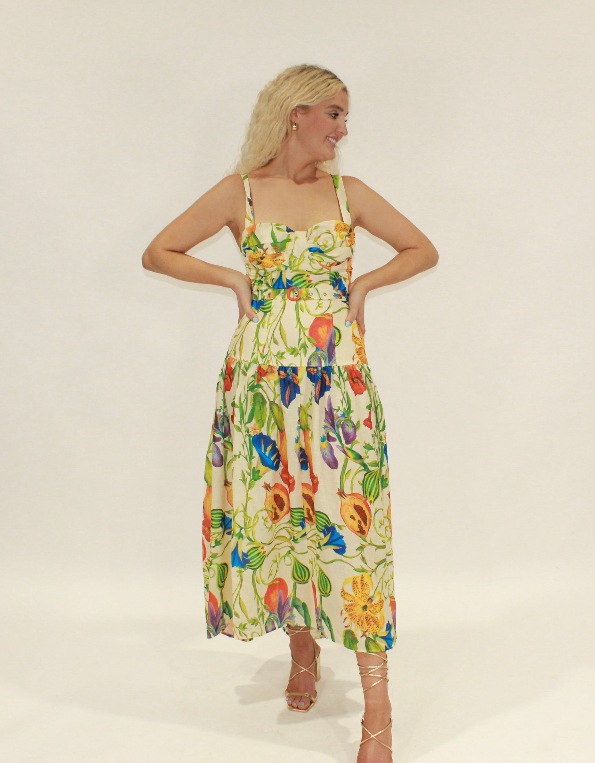 Floral midi dress in yellow, featuring a fitted bodice and flowing skirt, perfect for summer occasions.