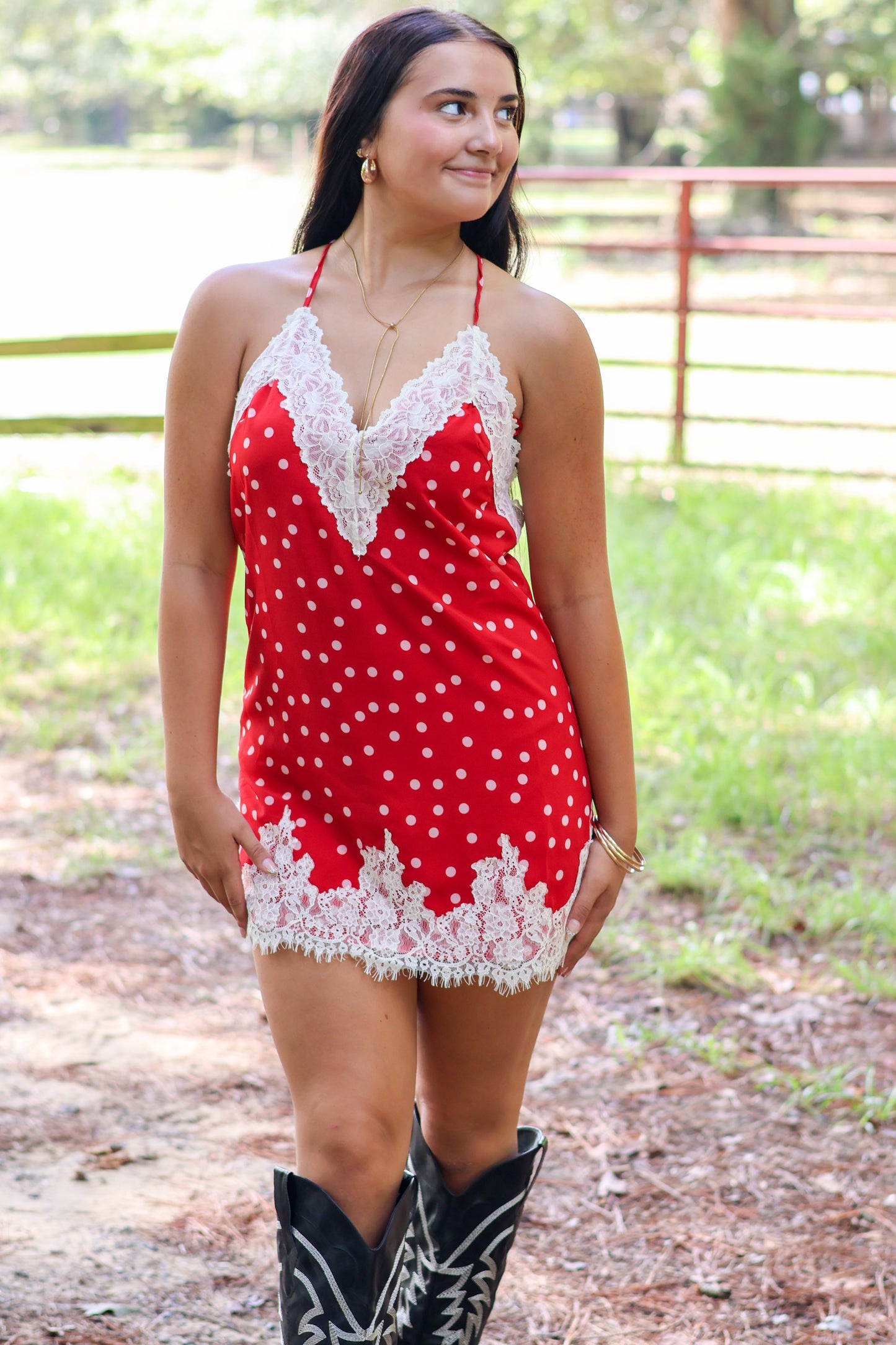 Ava Lace Mini Dress- Red and White