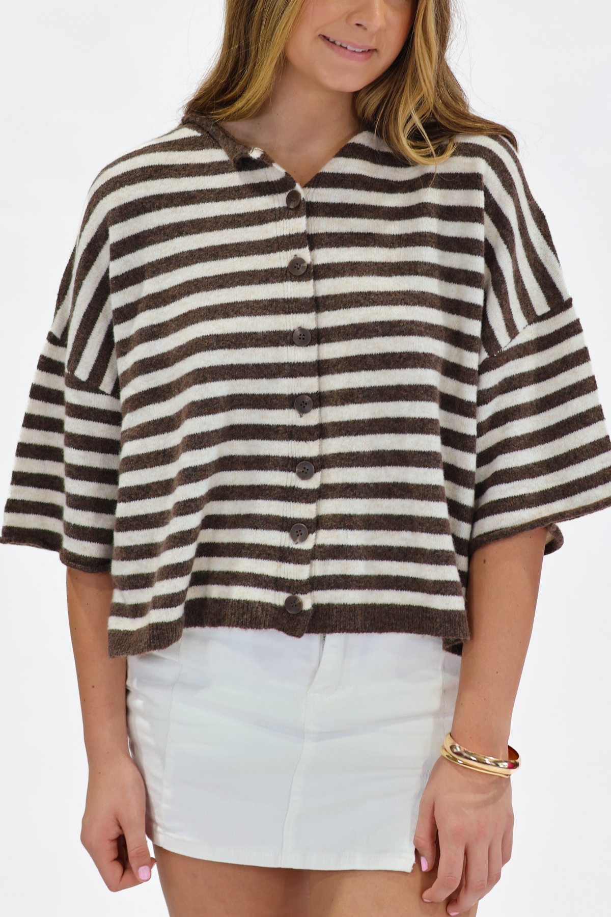 Bailey Brown and Cream Striped Button Sweater Top