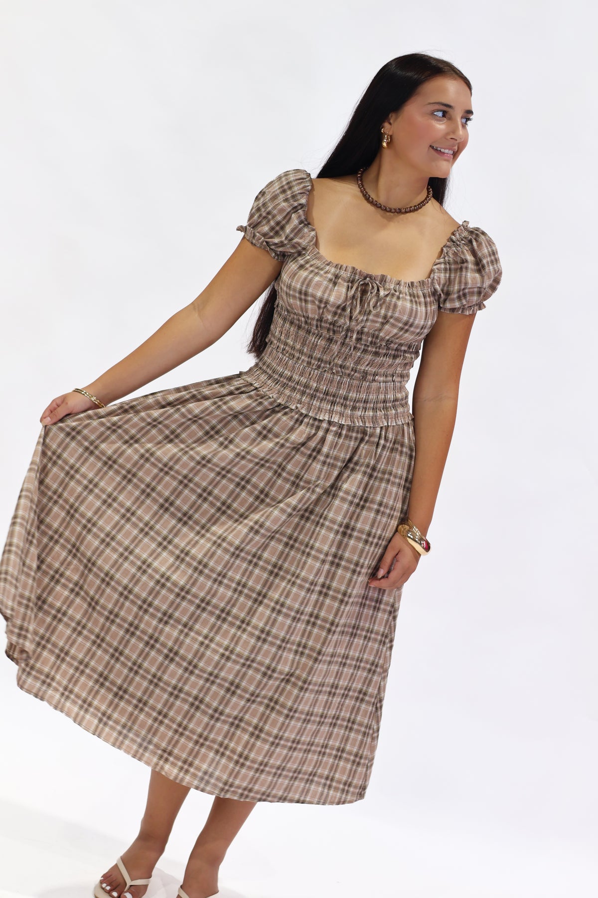 Sydney Brown Plaid Puff Sleeve Midi Dress