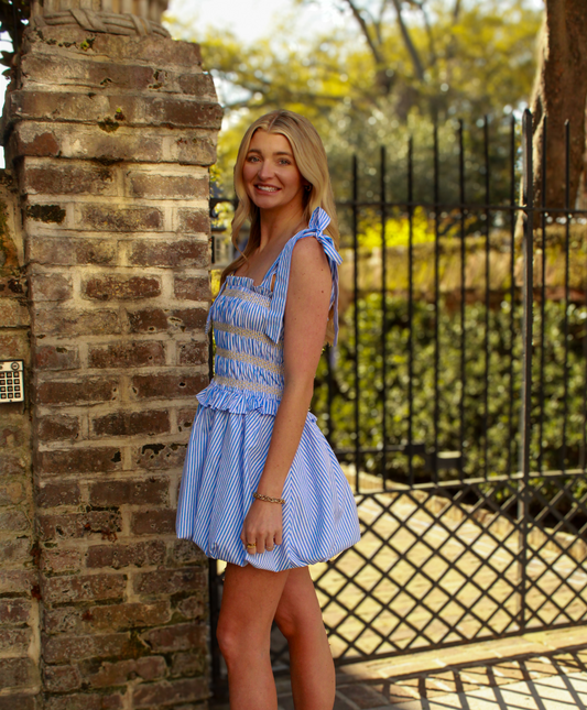 Charlotte Stripe Smocking Bubble Mini Dress