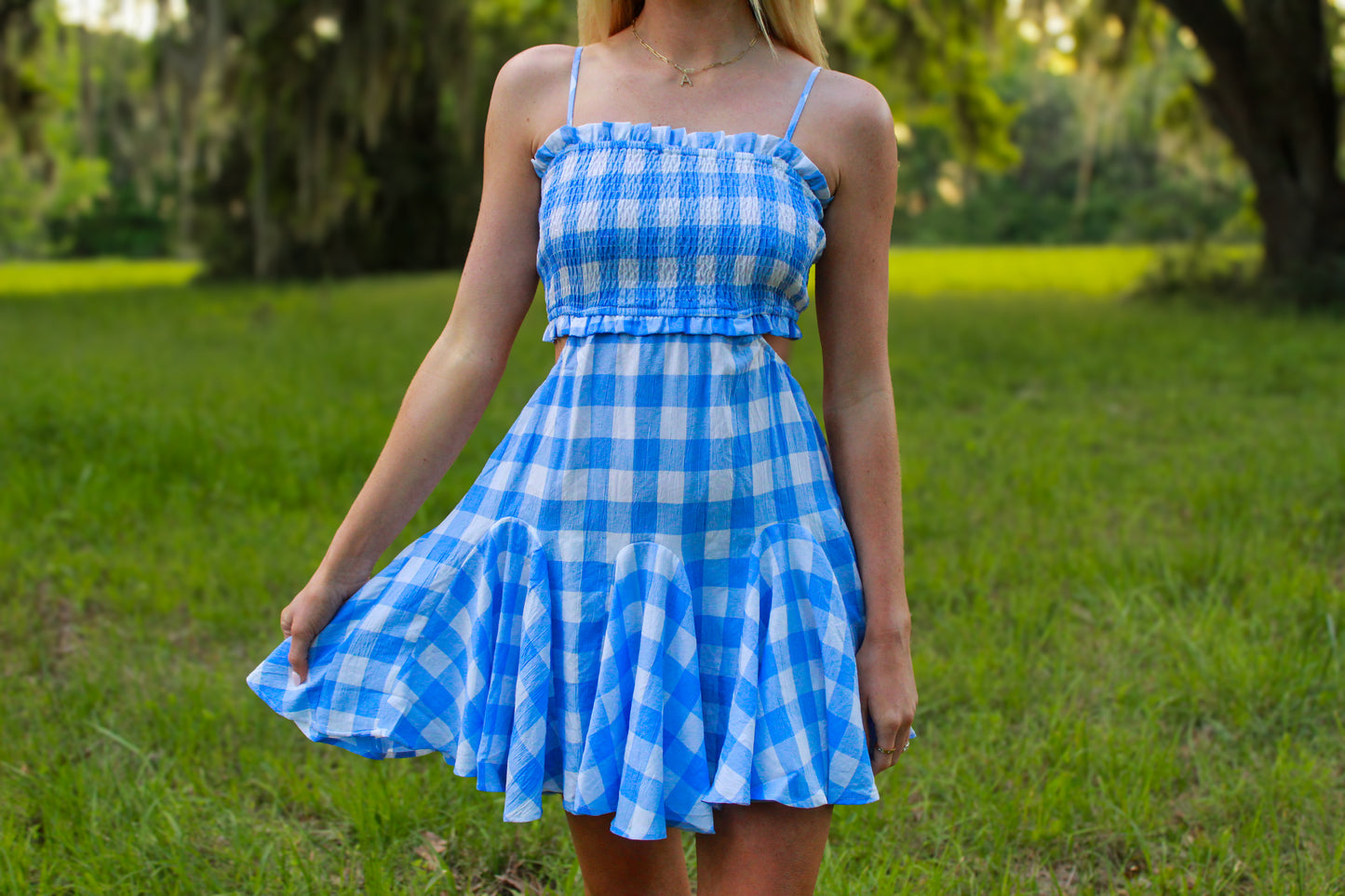 Blue gingham dress with ruffle details, adjustable straps, and flared skirt, perfect for summer outings.