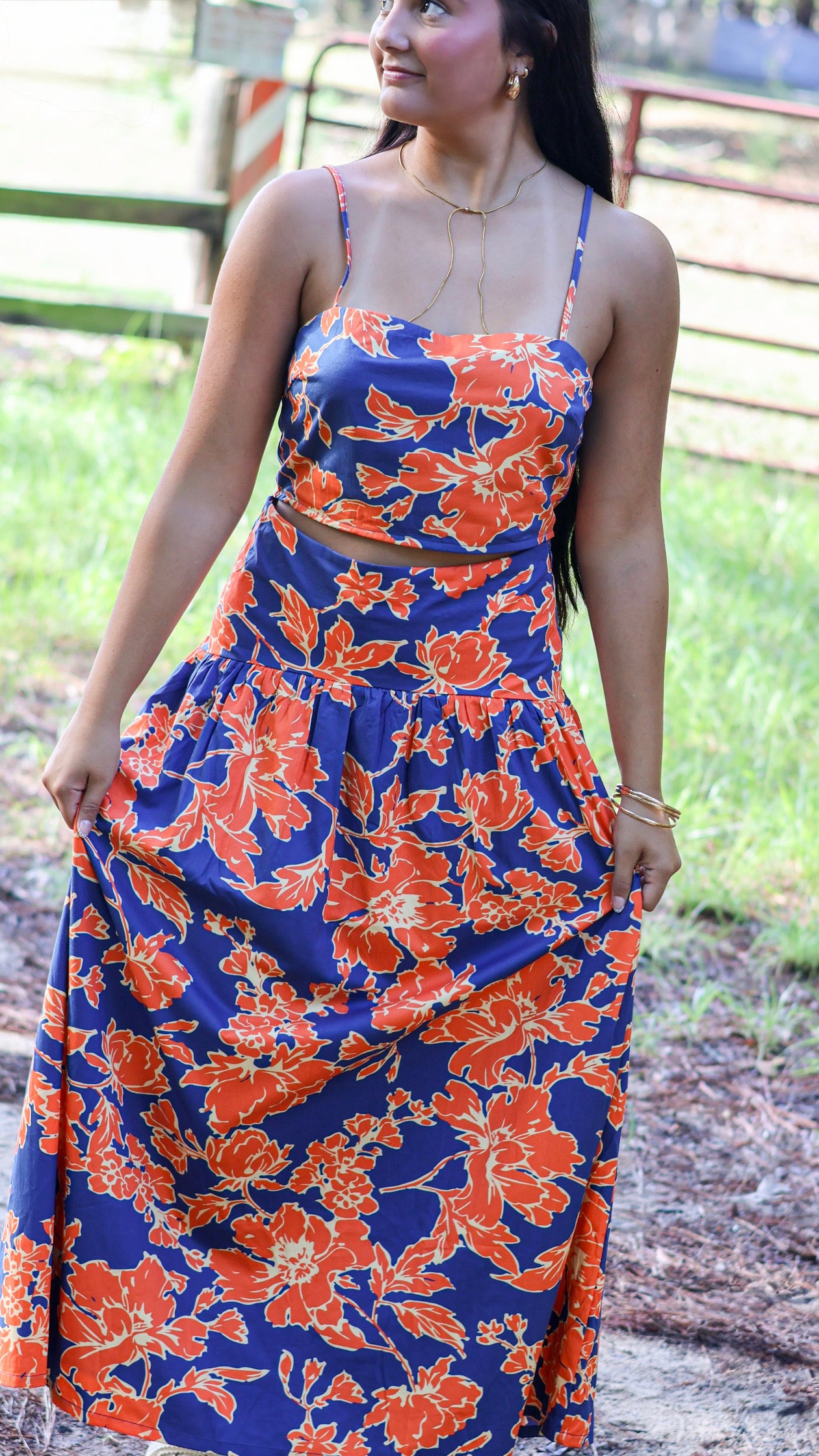 Aubree Orange and Navy Top and Skirt Set