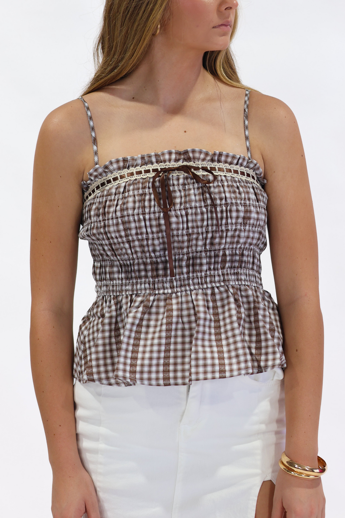 Maggie Brown Gingham Peplum Tank Top