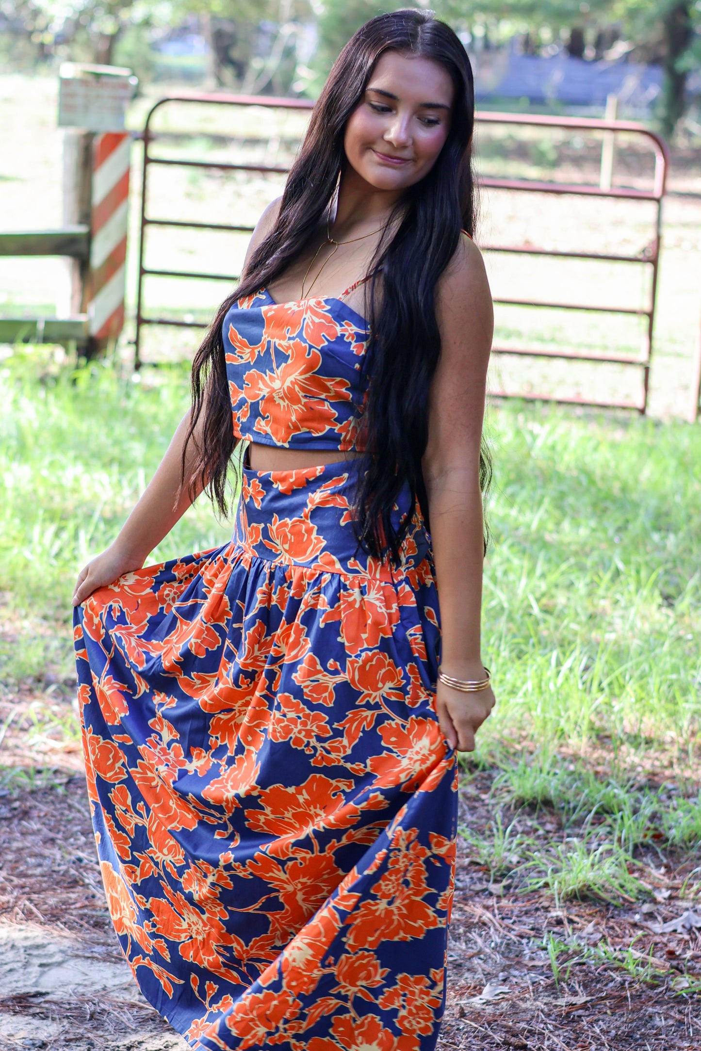 Aubree Orange and Navy Top and Skirt Set