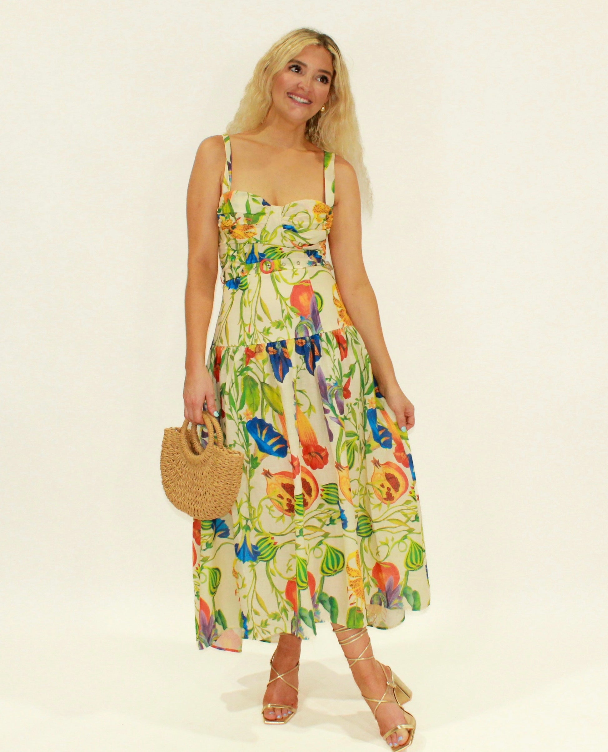 Floral print midi dress in yellow, made of lightweight fabric, perfect for summer occasions.